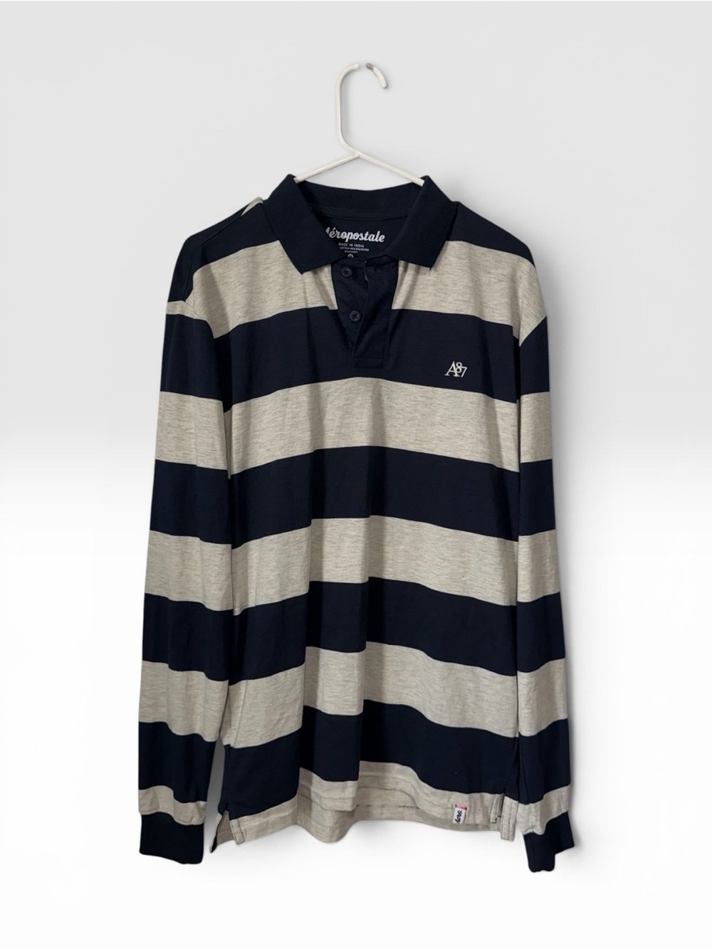 Aéropostale A87 Preppy School Navy and Light Gray Striped Rugby Polo Men’s Sz M